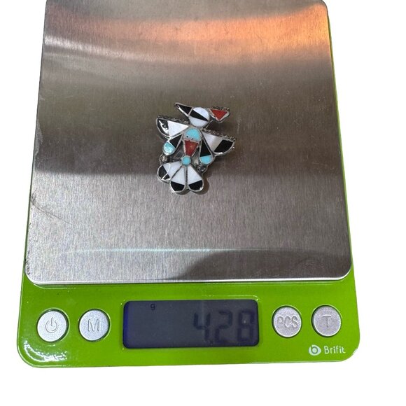 Vintage Zuni Bird Thunderbird Inlay Brooch Pin Turquoise Coral & Mother Of Pearl - Picture 4 of 4